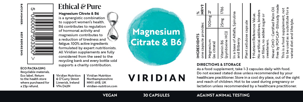 Магнезиев цитрат с B6 –Viridian, 30 капсули