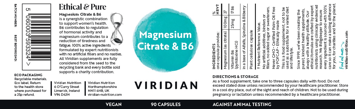 Magneziev tzitrat-B6-90-viridian 1 Магнезиев цитрат с B6 –Viridian, 90 капсули