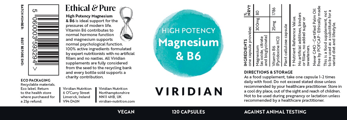 Magnezii-B6-120-viridian-vivashop 1 Магнезий 300 мг с B6 (високо потенциран) – Viridian-120 капсули