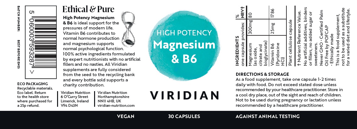 Magnezii-B6-30-viridian-vivashop 1 Магнезий 300 мг с B6 (високо потенциран) Viridian-30 капсули