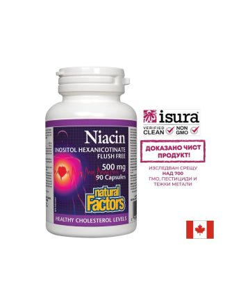 Ниацин 500 mg + Инозитол 120 mg (инозитол хексаникотинат, без зачервяване) – Нервна система и метаболизъм, 90 капсули