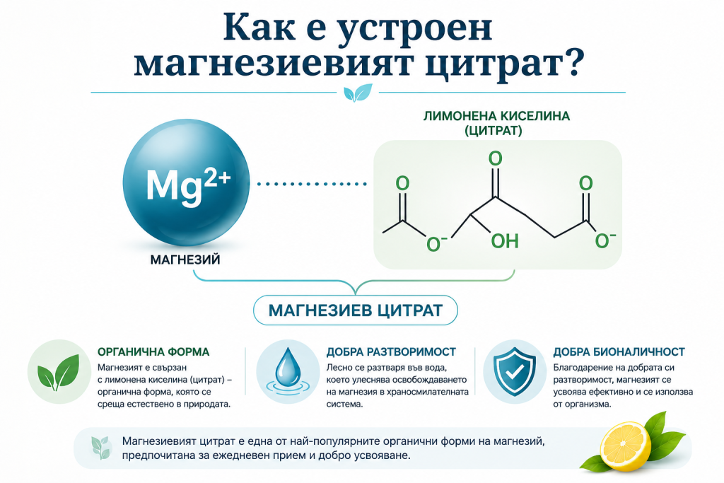 Инфографика, показваща структурата на магнезиевия цитрат – магнезиев йон (Mg²⁺), свързан с лимонена киселина (цитрат). Органична форма с добра разтворимост и добра бионаличност.