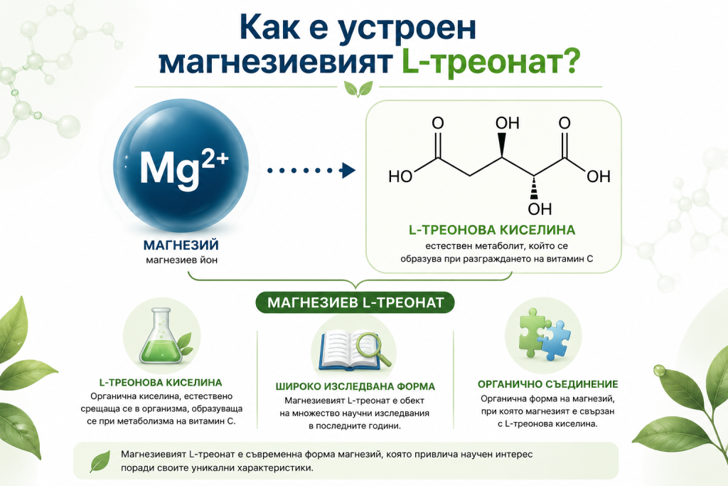 Инфографика, показваща структурата на магнезиевия L-треонат – магнезиев йон (Mg²⁺), свързан с L-треонова киселина. Органична форма на магнезий, която е обект на засилен научен интерес.