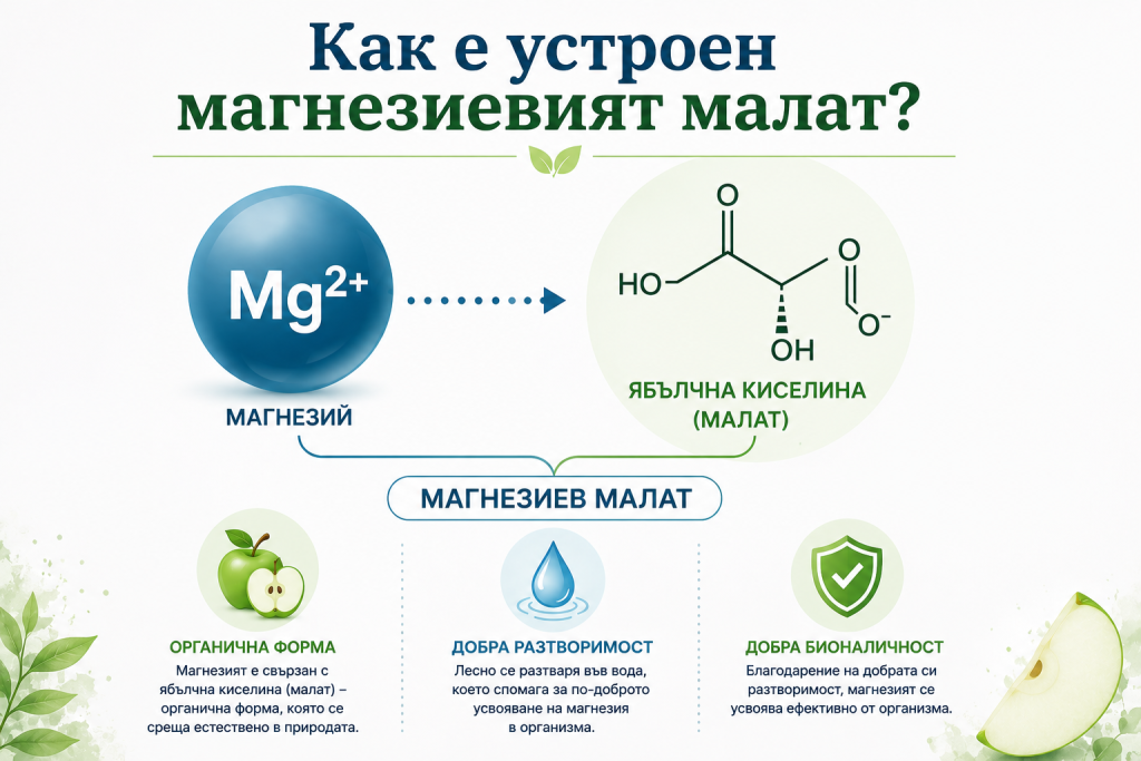 Инфографика, показваща структурата на магнезиевия малат – магнезиев йон (Mg²⁺), свързан с ябълчна киселина (малат). Органична форма с добра разтворимост и добра бионаличност.