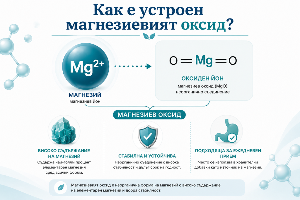 Инфографика, показваща структурата на магнезиевия оксид – магнезиев йон (Mg²⁺), свързан с кислород (оксид). Неорганична форма на магнезий с високо съдържание на елементарен магнезий.