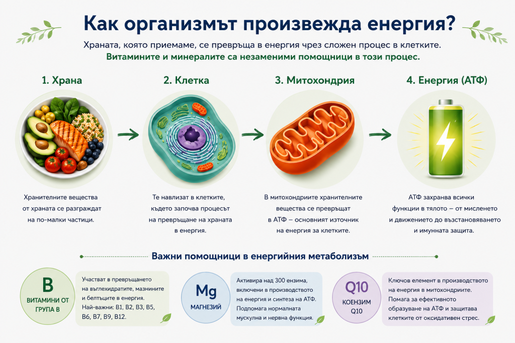 Инфографика, показваща как организмът превръща храната в енергия чрез клетките и митохондриите с участието на витамини от група B, магнезий и коензим Q10.