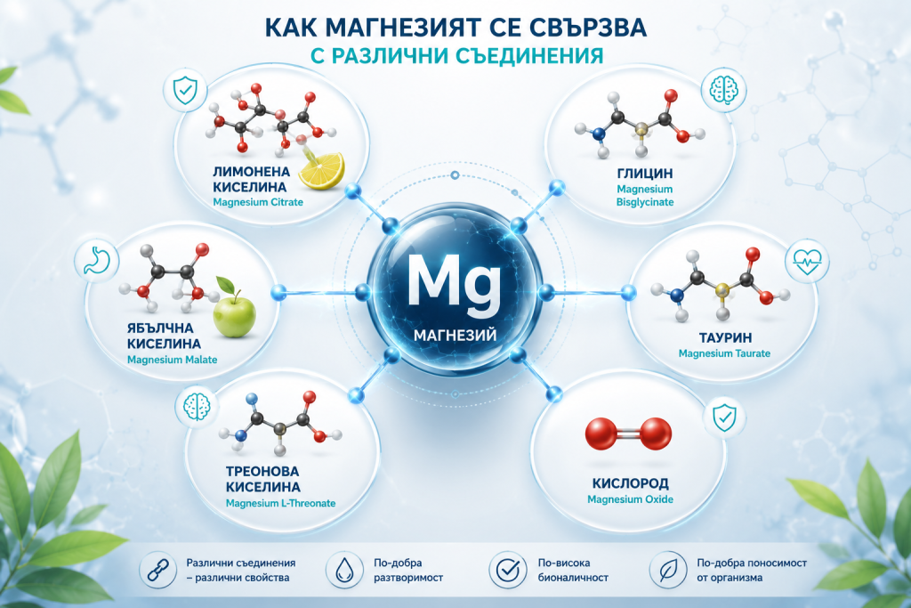 Инфографика, показваща как магнезият образува различни съединения като бисглицинат, цитрат, малат и таурат