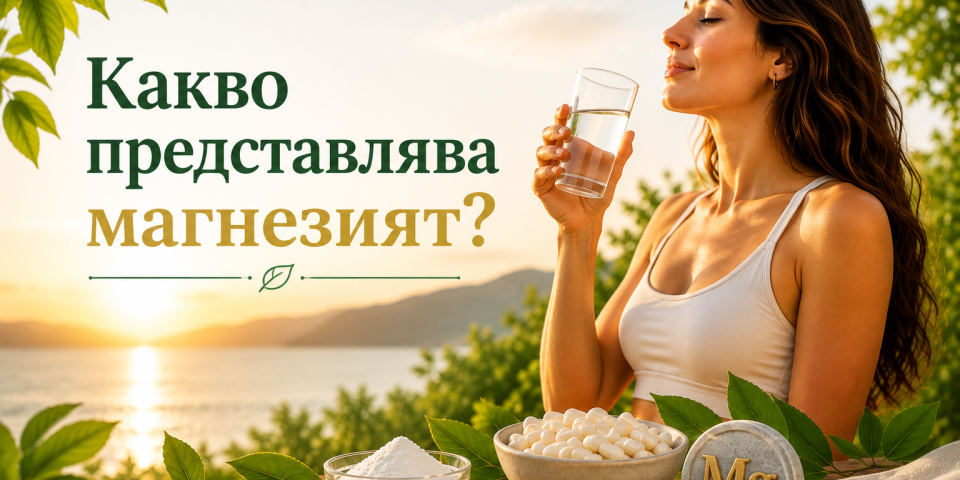 Какво представлява магнезият – капсули магнезий, чаша вода и лятна сутрешна атмосфера