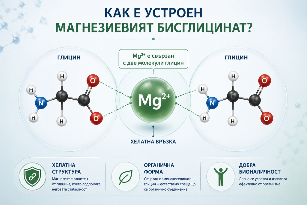 Инфографика, показваща структурата на магнезиевия бисглицинат – магнезиев йон (Mg²⁺), свързан с две молекули глицин в хелатна форма.