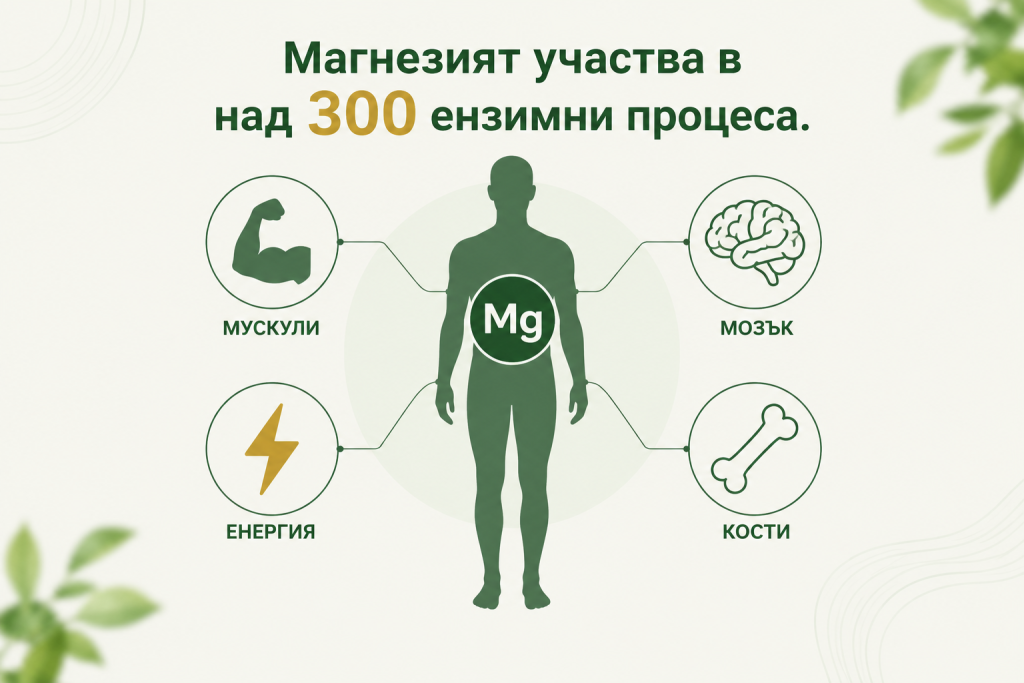 Инфографика, показваща как магнезият участва в над 300 ензимни процеса, свързани с мускулите, мозъка, костите и енергийния метаболизъм.