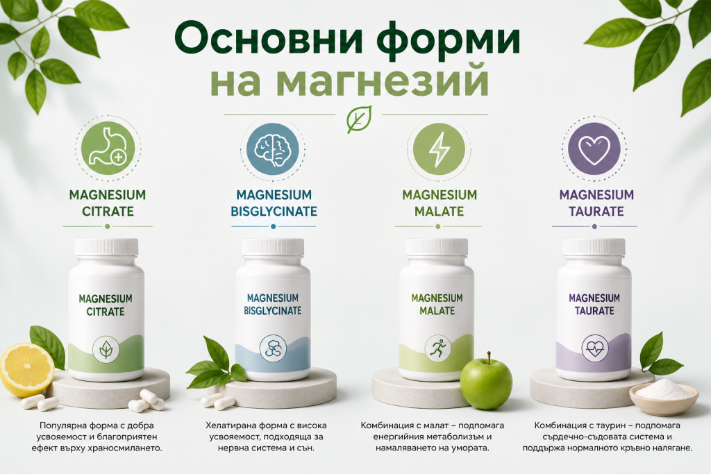 Основни форми на магнезий – Magnesium Citrate, Magnesium Bisglycinate, Magnesium Malate и Magnesium Taurate