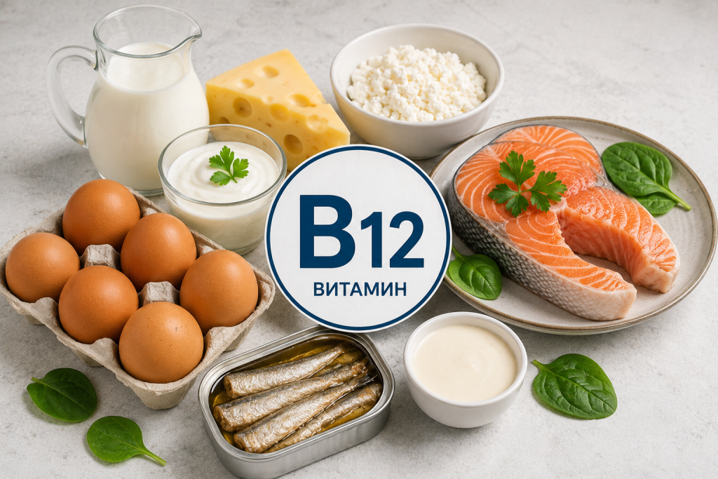 Естествени хранителни източници на витамин B12 – риба, яйца и млечни продукти, подпомагащи нормалния енергиен метаболизъм и функцията на нервната система.