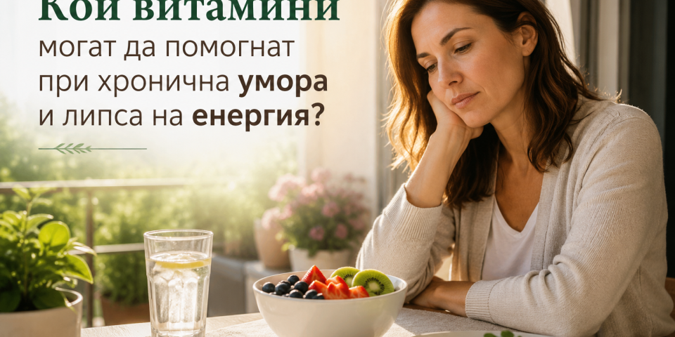 Жена с признаци на умора седи на тераса със здравословна закуска и чаша вода. Илюстрация към статия за витамините при хронична умора и липса на енергия.